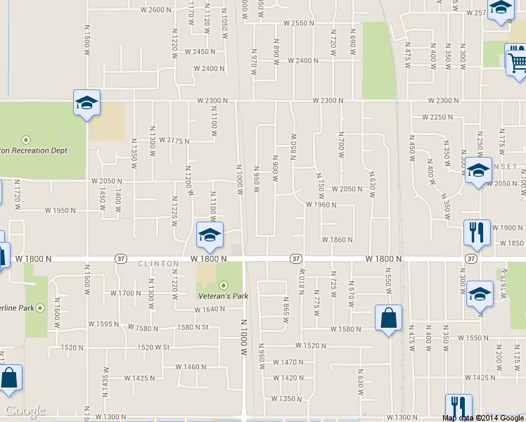 map of restaurants, bars, coffee shops, grocery stores, and more near 1958 N 950 W in Clinton
