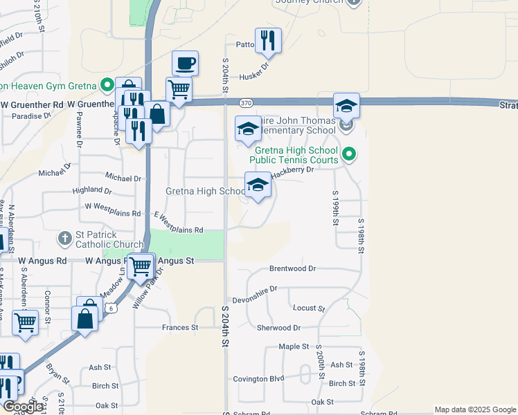 map of restaurants, bars, coffee shops, grocery stores, and more near 11473 S 204th St in Gretna
