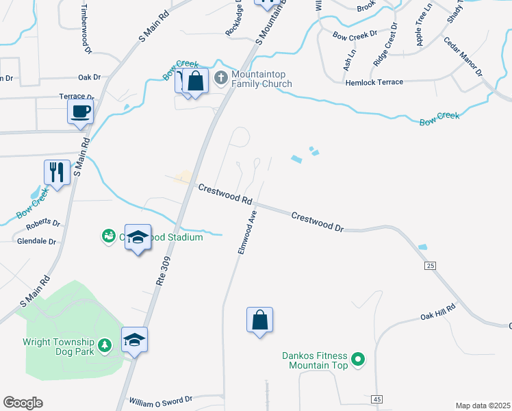 map of restaurants, bars, coffee shops, grocery stores, and more near 98 Elmwood Rd in Mountain Top