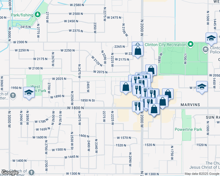 map of restaurants, bars, coffee shops, grocery stores, and more near 1949 North 2225 West in Clinton