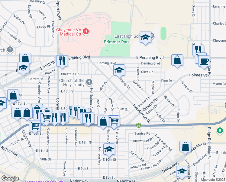 map of restaurants, bars, coffee shops, grocery stores, and more near 1722 Walnut Drive in Cheyenne