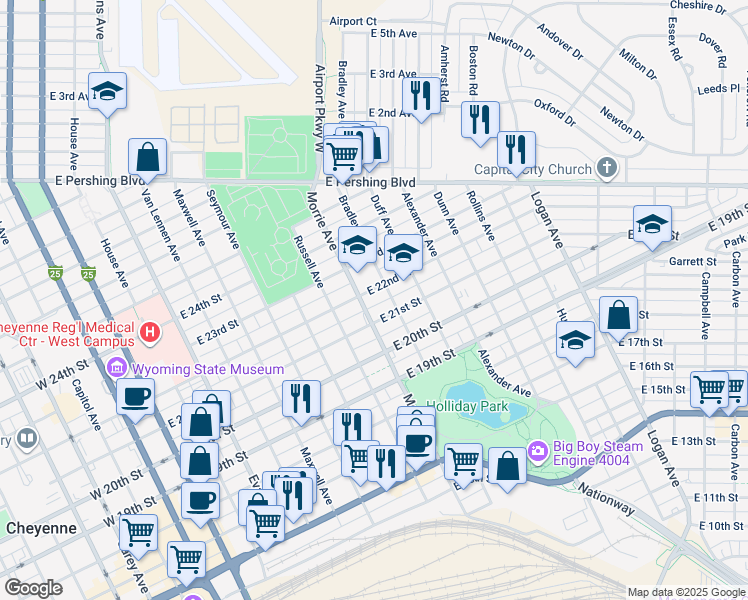 map of restaurants, bars, coffee shops, grocery stores, and more near 2110 Bradley Avenue in Cheyenne
