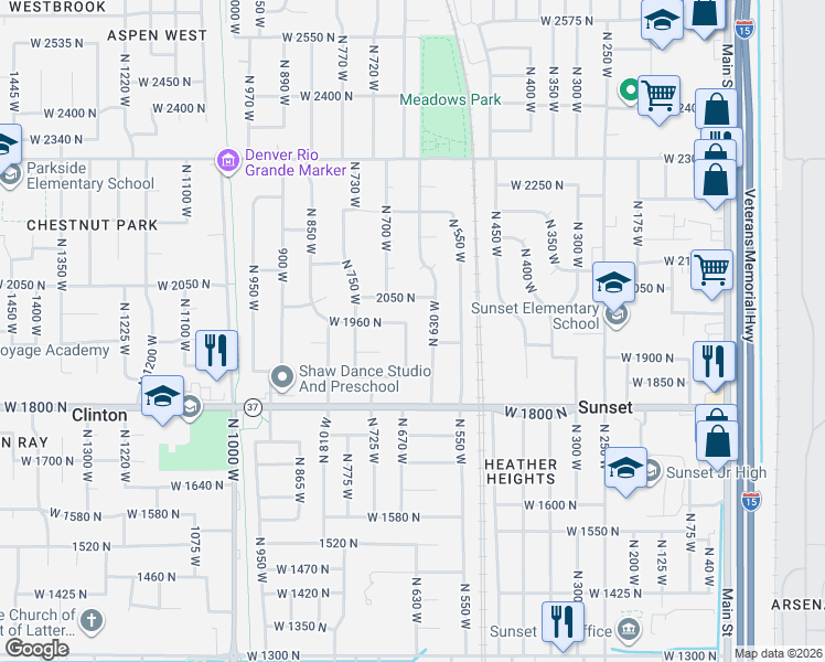 map of restaurants, bars, coffee shops, grocery stores, and more near 1934 North 660 West in Clinton