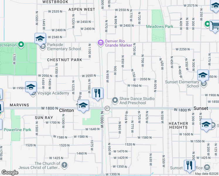 map of restaurants, bars, coffee shops, grocery stores, and more near 1958 North 950 West in Clinton