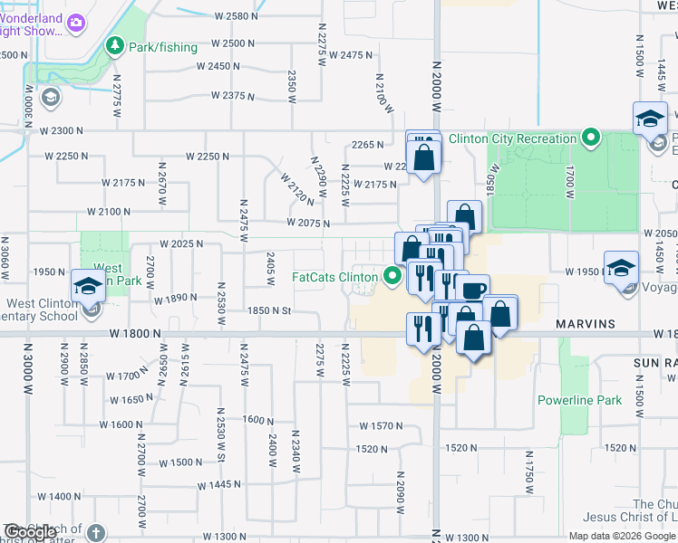 map of restaurants, bars, coffee shops, grocery stores, and more near 1934 North 2250 West in Clinton
