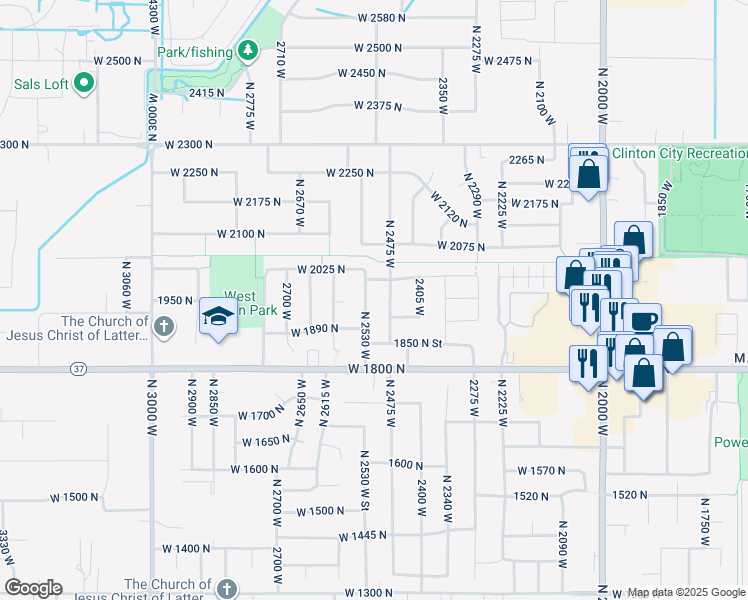 map of restaurants, bars, coffee shops, grocery stores, and more near 1949 North 2475 West in Clinton