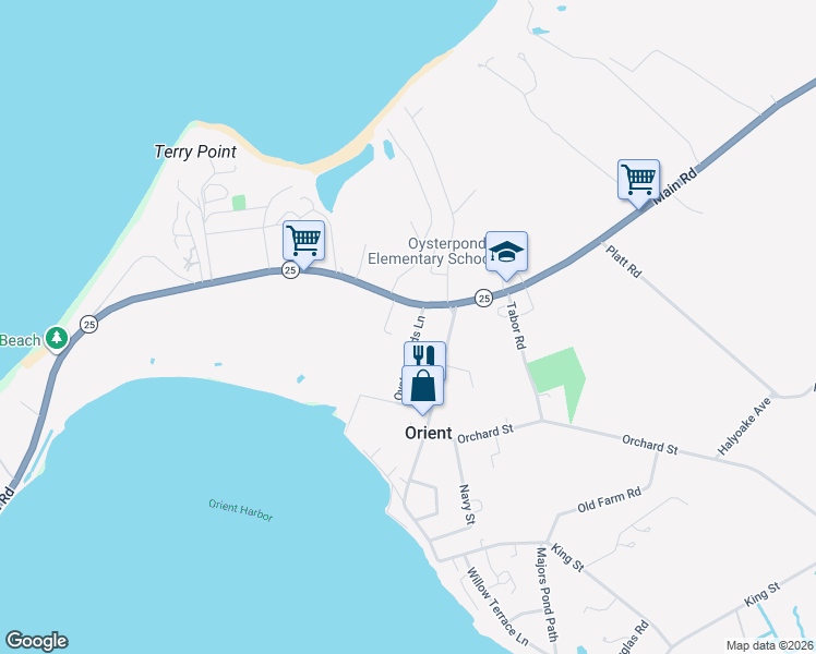 map of restaurants, bars, coffee shops, grocery stores, and more near 310 Oyster Ponds Lane in Orient