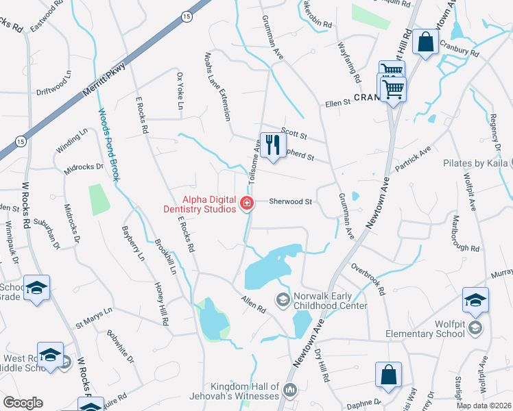 map of restaurants, bars, coffee shops, grocery stores, and more near 33 Toilsome Avenue in Norwalk