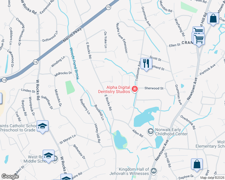 map of restaurants, bars, coffee shops, grocery stores, and more near 144 East Rocks Road in Norwalk