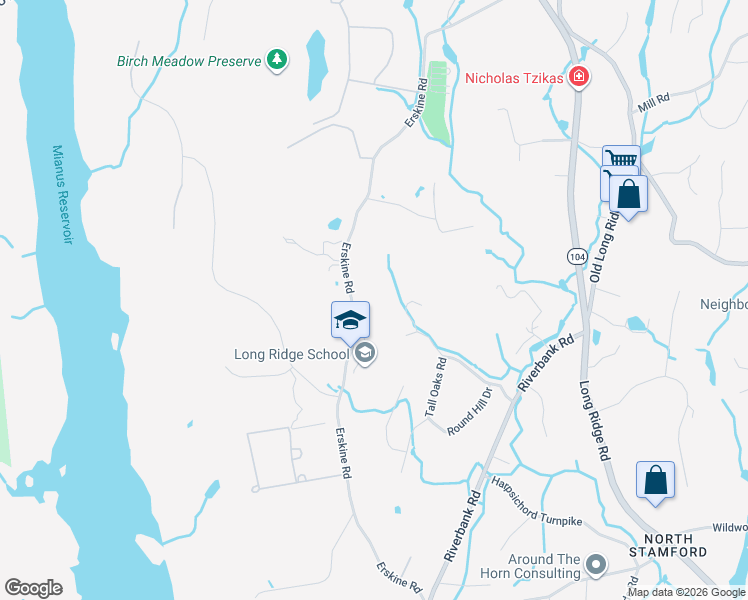 map of restaurants, bars, coffee shops, grocery stores, and more near 416 Erskine Road in Stamford