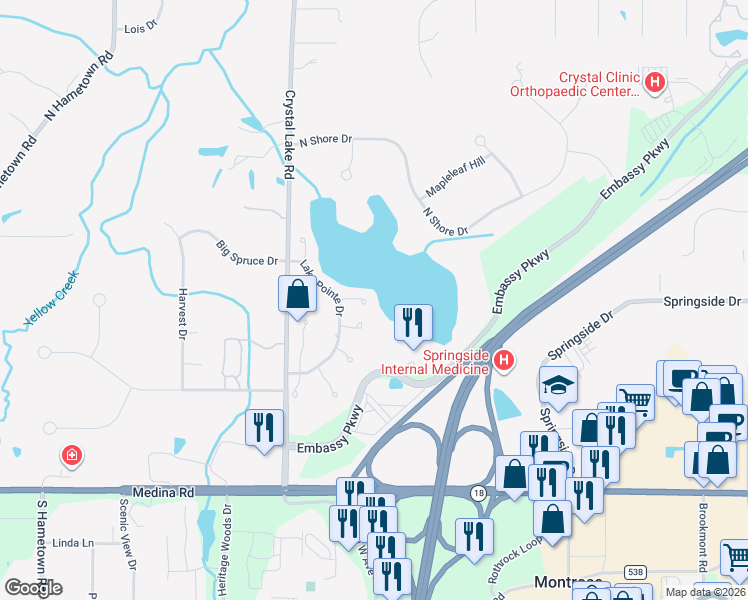 map of restaurants, bars, coffee shops, grocery stores, and more near 289 Lake Pointe Drive in Akron