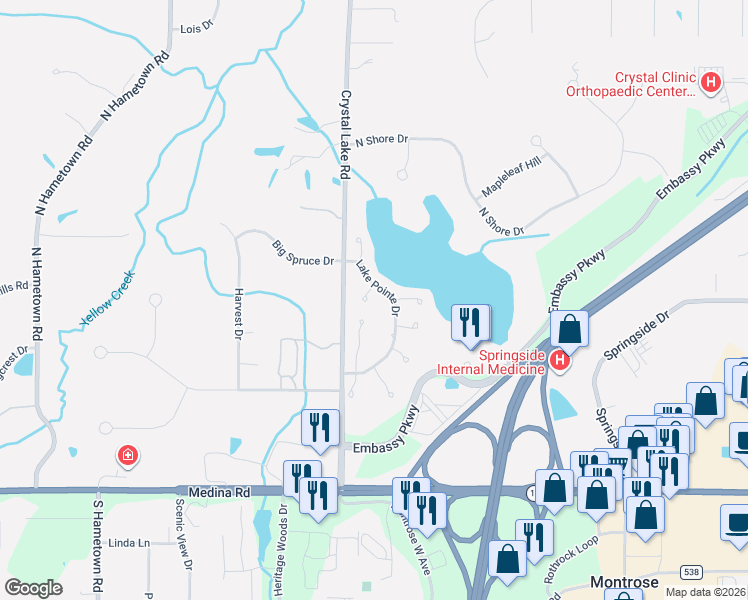 map of restaurants, bars, coffee shops, grocery stores, and more near 274 Lake Pointe Drive in Akron