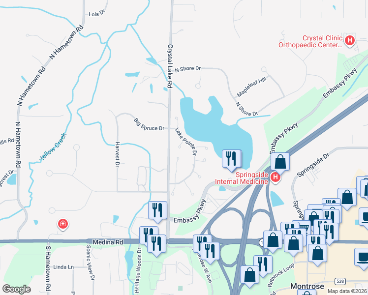 map of restaurants, bars, coffee shops, grocery stores, and more near 274 Lake Pointe Drive in Akron