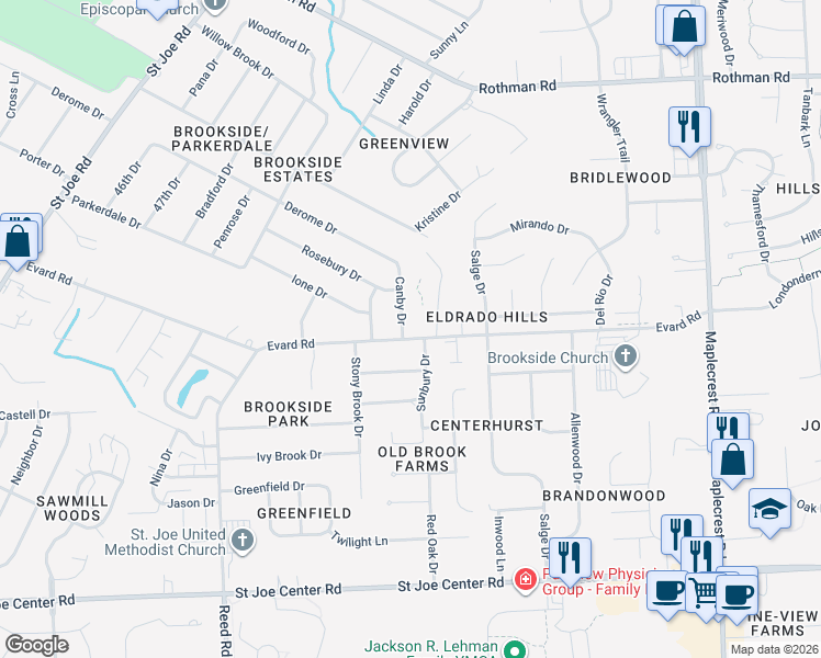 map of restaurants, bars, coffee shops, grocery stores, and more near 6604 Canby Drive in Fort Wayne