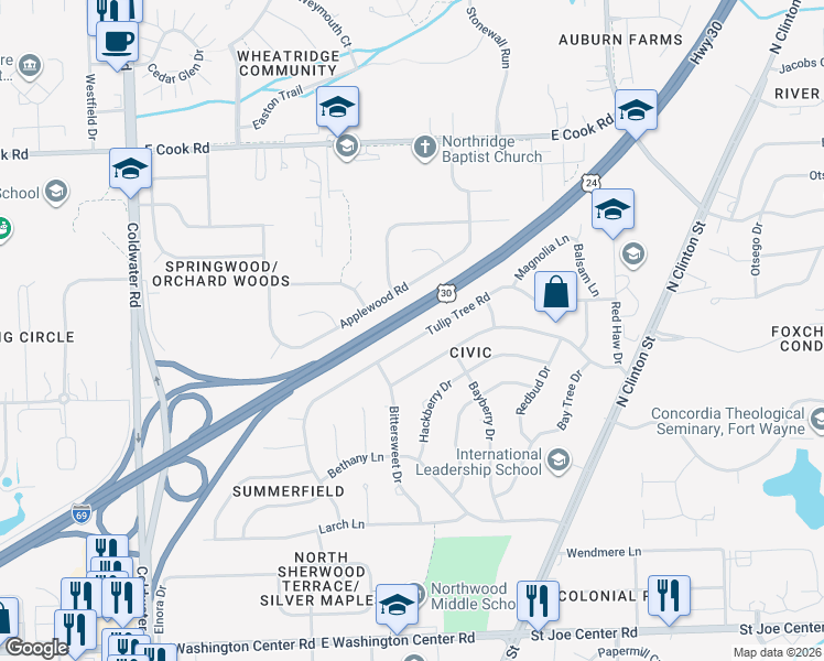 map of restaurants, bars, coffee shops, grocery stores, and more near 1216 Tulip Tree Road in Fort Wayne