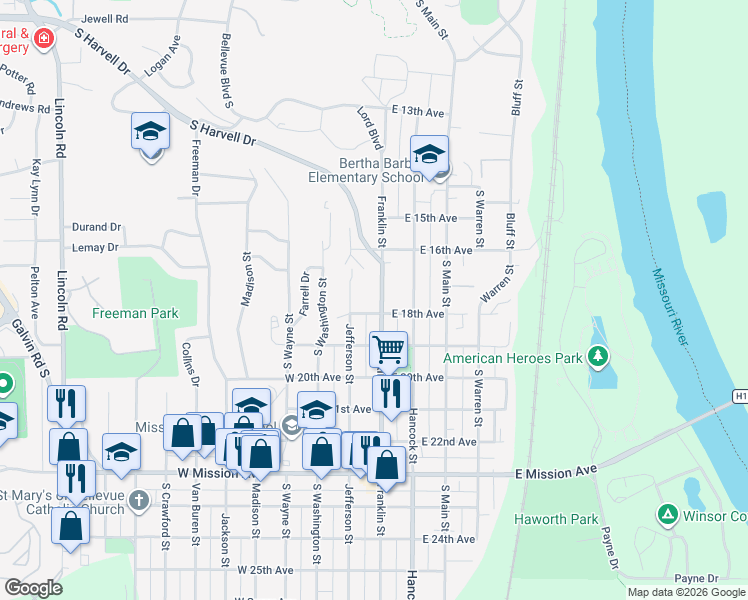 map of restaurants, bars, coffee shops, grocery stores, and more near 1711 Franklin Street in Bellevue