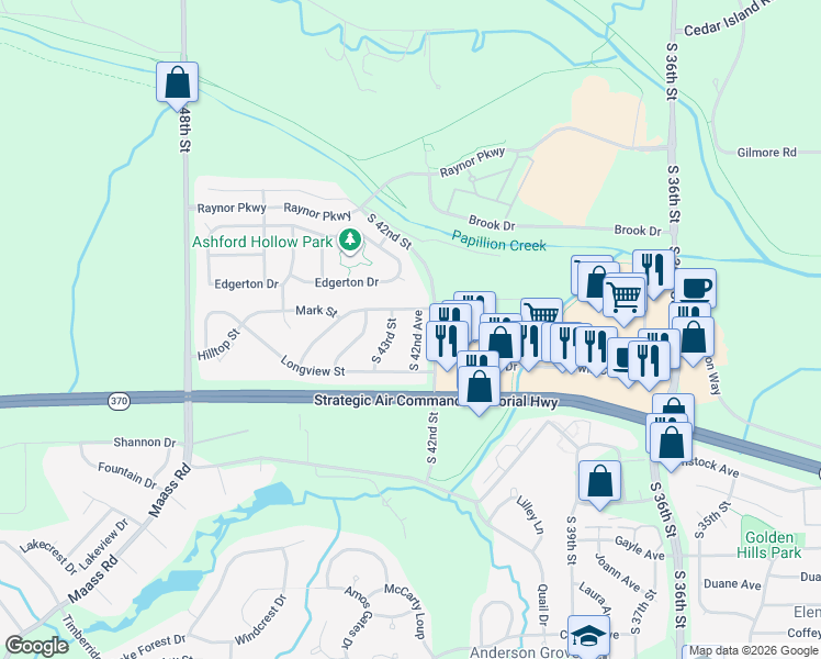 map of restaurants, bars, coffee shops, grocery stores, and more near 11409 South 43rd Street in Bellevue