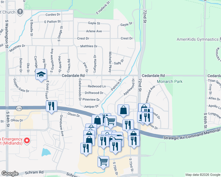 map of restaurants, bars, coffee shops, grocery stores, and more near 829 Redwood Lane in Papillion