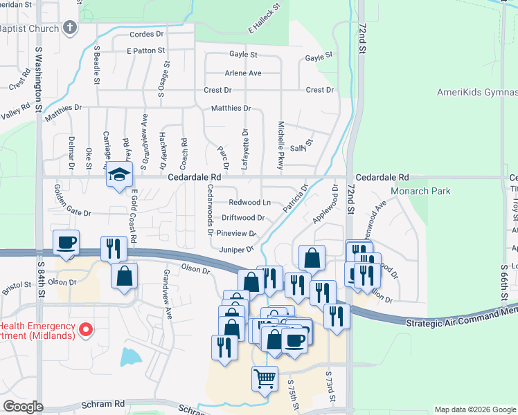 map of restaurants, bars, coffee shops, grocery stores, and more near 817 Redwood Lane in Papillion