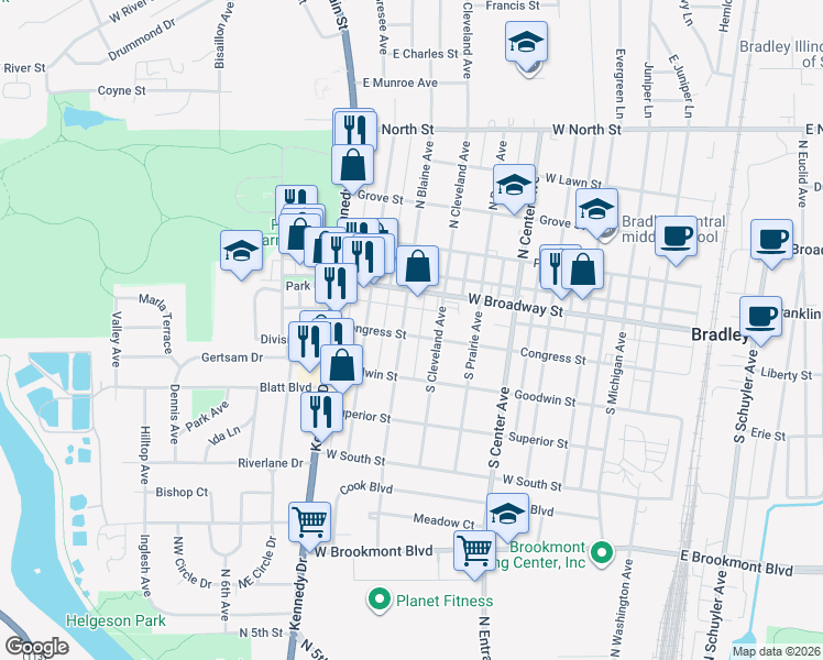map of restaurants, bars, coffee shops, grocery stores, and more near 196 South Blaine Avenue in Bradley