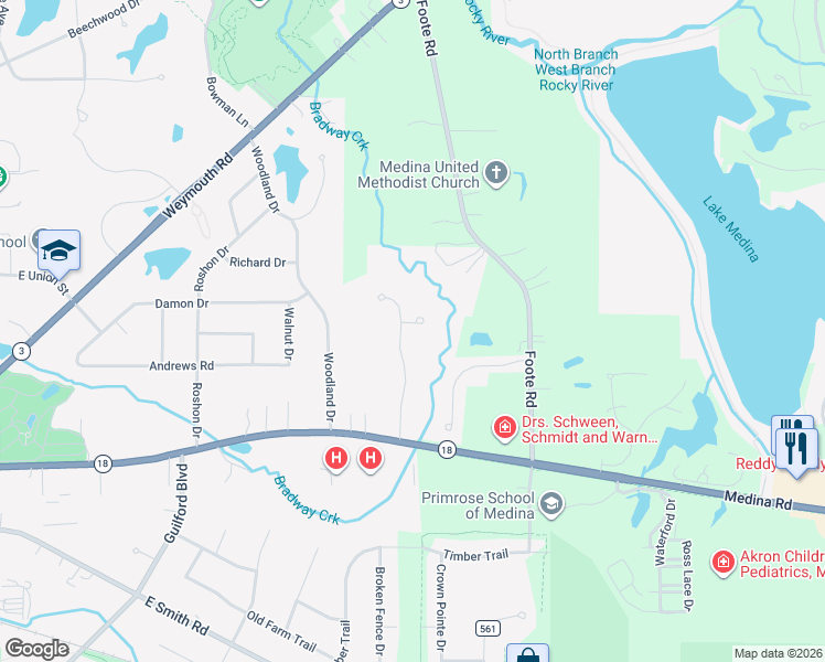 map of restaurants, bars, coffee shops, grocery stores, and more near 1076 Stoneycreek Circle in Medina