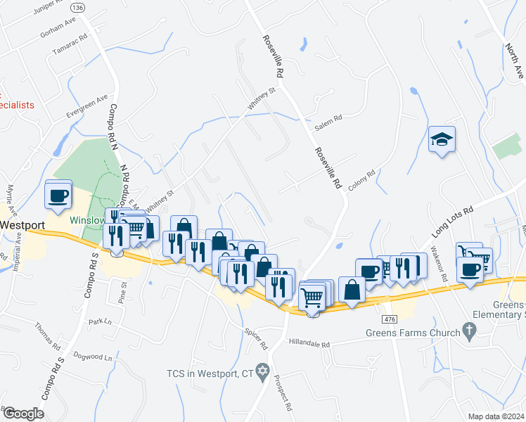 map of restaurants, bars, coffee shops, grocery stores, and more near 30 Webb Road in Westport