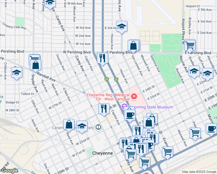 map of restaurants, bars, coffee shops, grocery stores, and more near 102 West 26th Street in Cheyenne