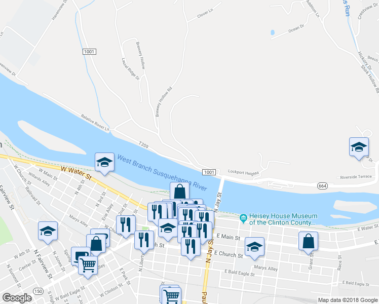 map of restaurants, bars, coffee shops, grocery stores, and more near Upperhill Drive in Lock Haven