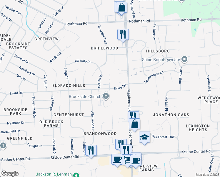 map of restaurants, bars, coffee shops, grocery stores, and more near 6168 Evard Road in Fort Wayne
