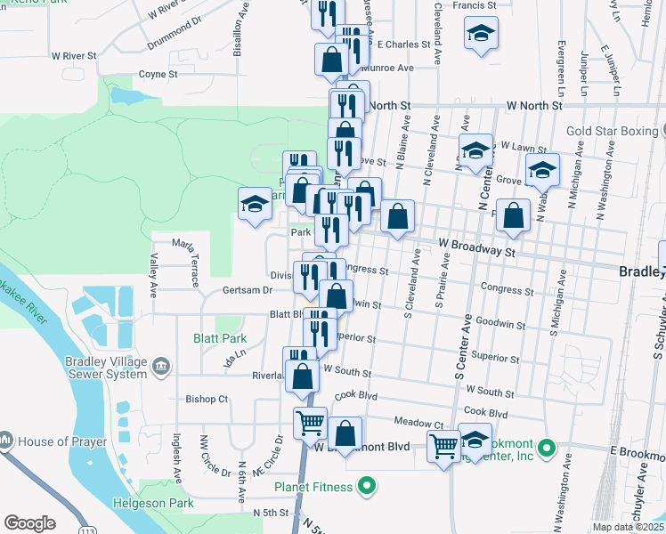 map of restaurants, bars, coffee shops, grocery stores, and more near 224 South Kennedy Drive in Bradley