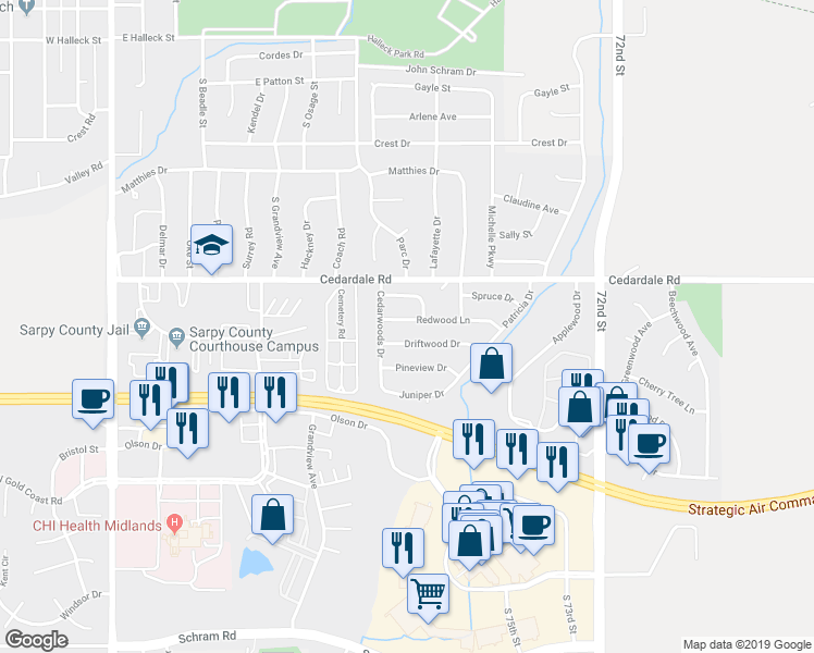 map of restaurants, bars, coffee shops, grocery stores, and more near 807 Redwood Lane in Papillion
