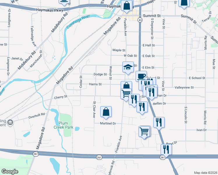 map of restaurants, bars, coffee shops, grocery stores, and more near 1302 Walnut Street in Kent