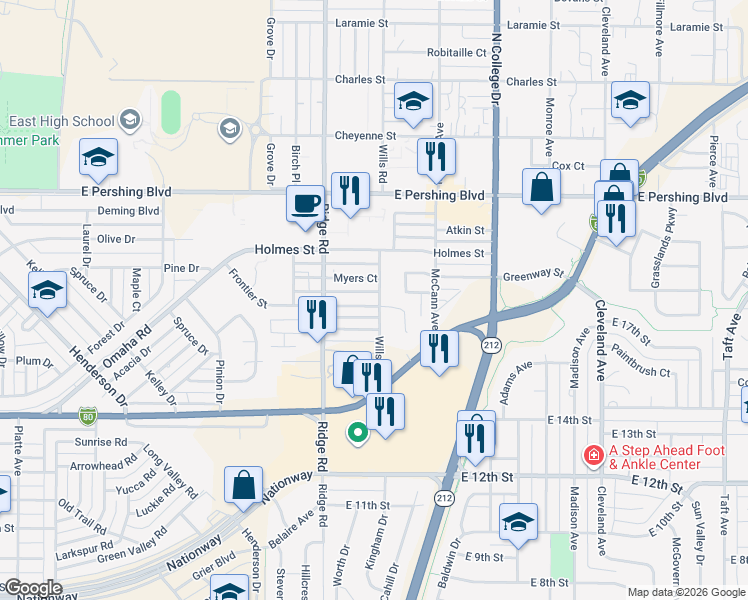 map of restaurants, bars, coffee shops, grocery stores, and more near 2301-2399 Wills Road in Cheyenne