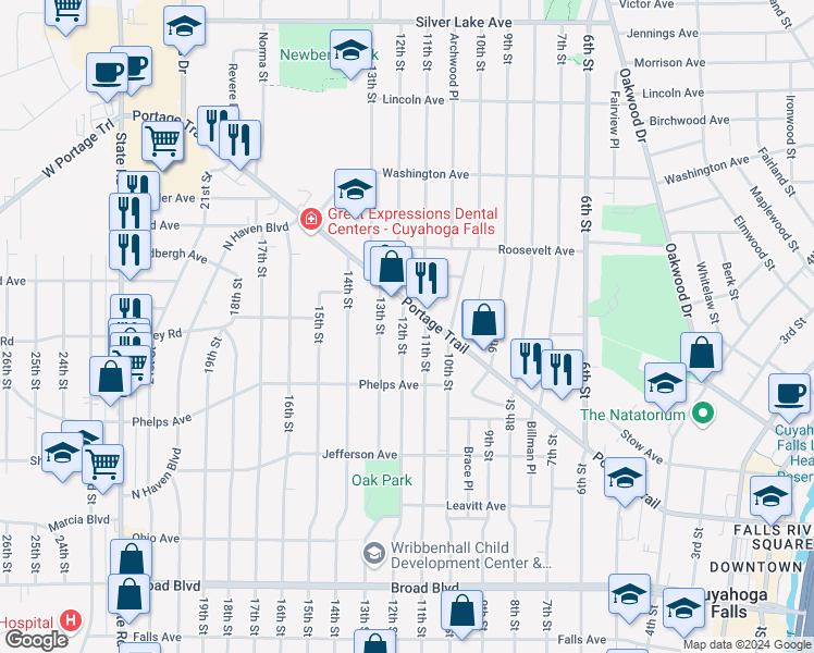 map of restaurants, bars, coffee shops, grocery stores, and more near 2485 12th Street in Cuyahoga Falls