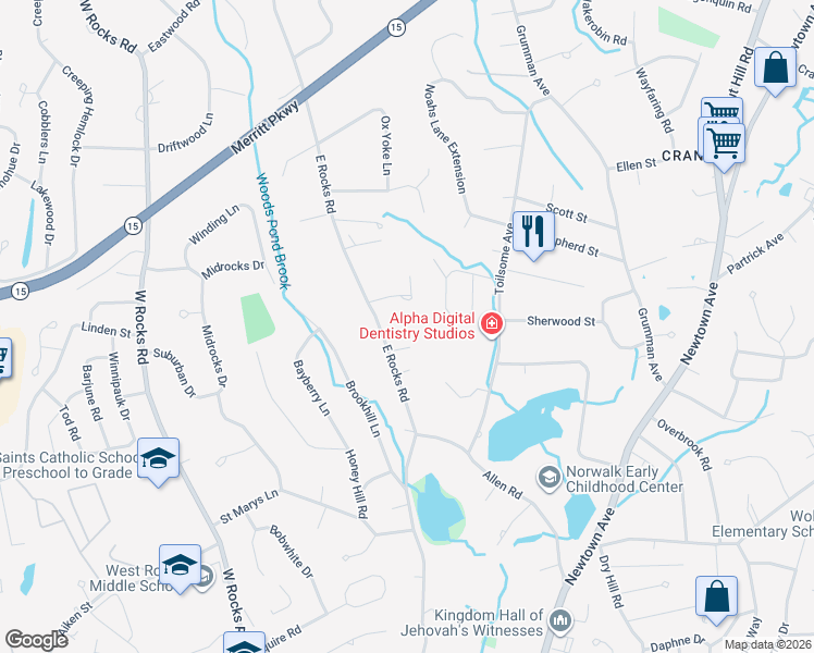 map of restaurants, bars, coffee shops, grocery stores, and more near 144 East Rocks Road in Norwalk