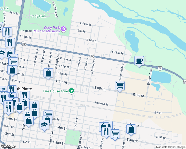 map of restaurants, bars, coffee shops, grocery stores, and more near 915 North Bryan Avenue in North Platte