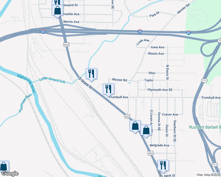 map of restaurants, bars, coffee shops, grocery stores, and more near 33 Earl Street Southeast in Girard
