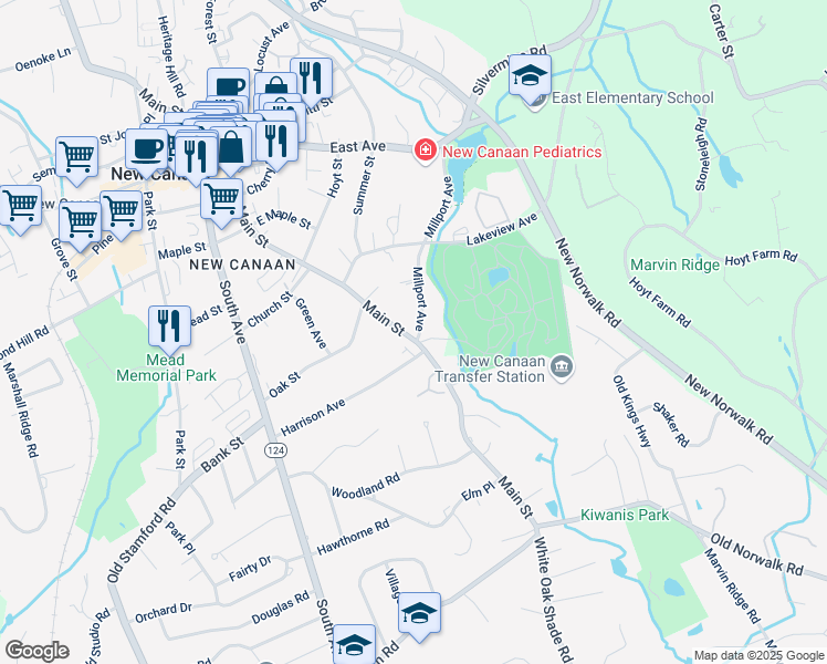 map of restaurants, bars, coffee shops, grocery stores, and more near 338 Main Street in New Canaan