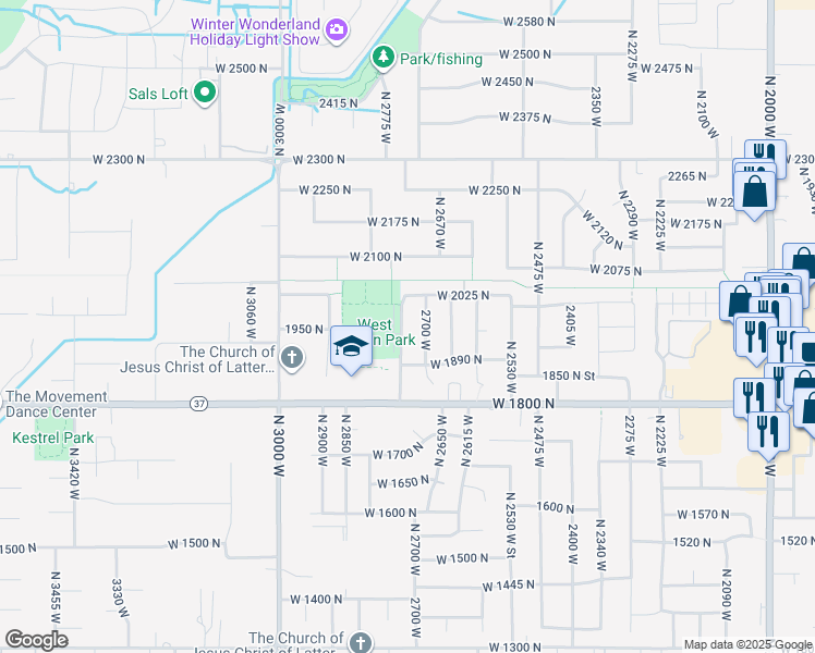 map of restaurants, bars, coffee shops, grocery stores, and more near 1958 North 2750 West in Clinton