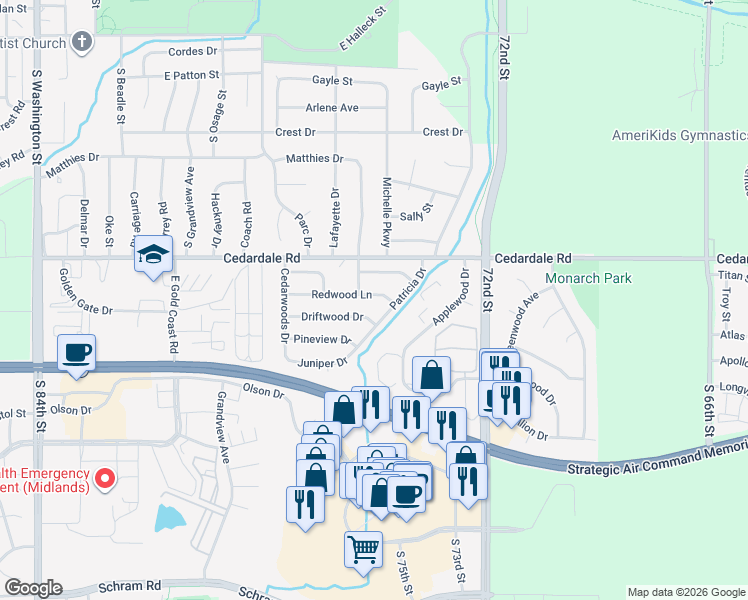 map of restaurants, bars, coffee shops, grocery stores, and more near 829 Redwood Lane in Papillion