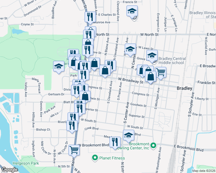 map of restaurants, bars, coffee shops, grocery stores, and more near 196 South Blaine Avenue in Bradley