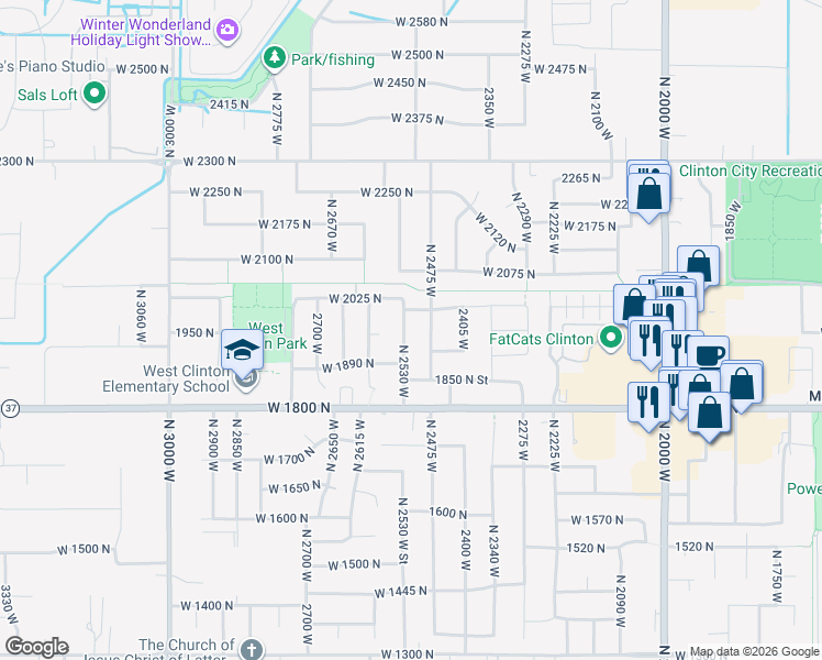 map of restaurants, bars, coffee shops, grocery stores, and more near 1958 North 2530 West in Clinton