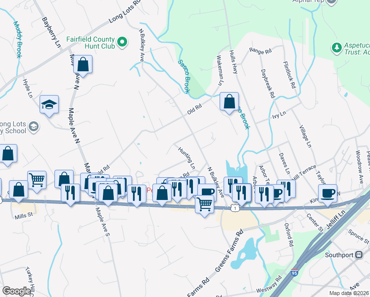 map of restaurants, bars, coffee shops, grocery stores, and more near 12 Hunting Lane in Westport