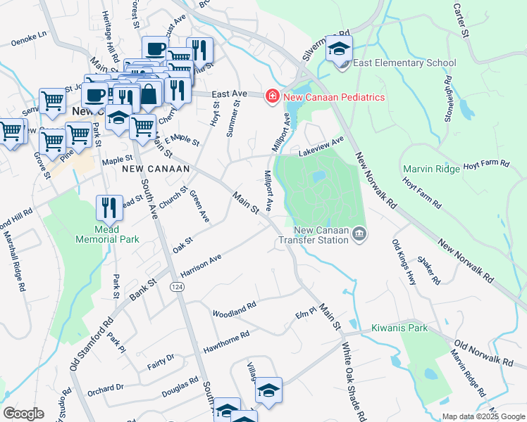 map of restaurants, bars, coffee shops, grocery stores, and more near 338 Main Street in New Canaan