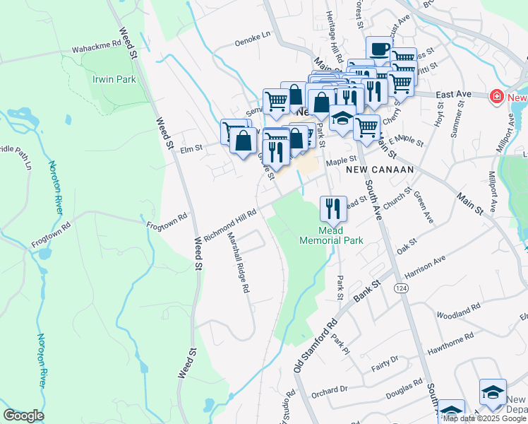 map of restaurants, bars, coffee shops, grocery stores, and more near 104 Richmond Hill Road in New Canaan