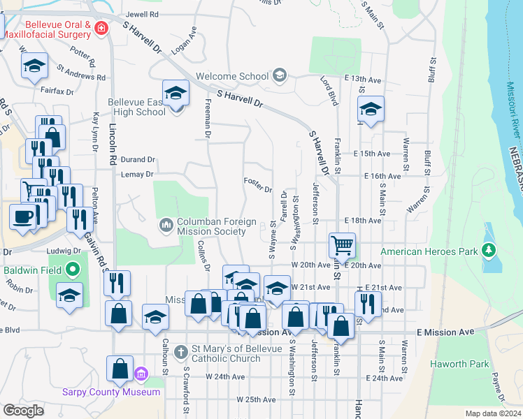 map of restaurants, bars, coffee shops, grocery stores, and more near 1716 1/2 Wayne Street in Bellevue