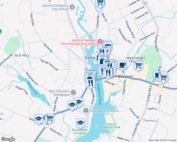 map of restaurants, bars, coffee shops, grocery stores, and more near 54 Wilton Road in Westport