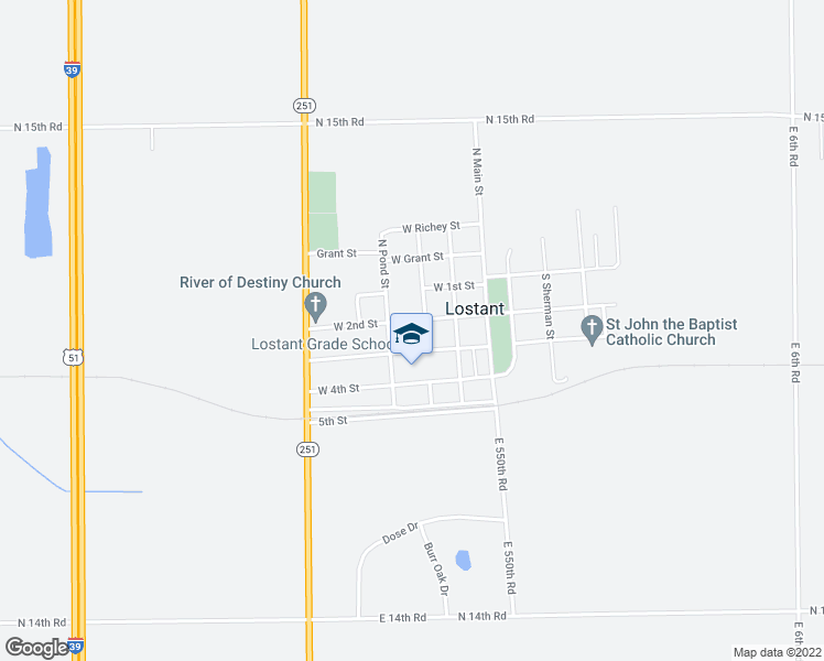 map of restaurants, bars, coffee shops, grocery stores, and more near 303 West 2nd Street in Lostant