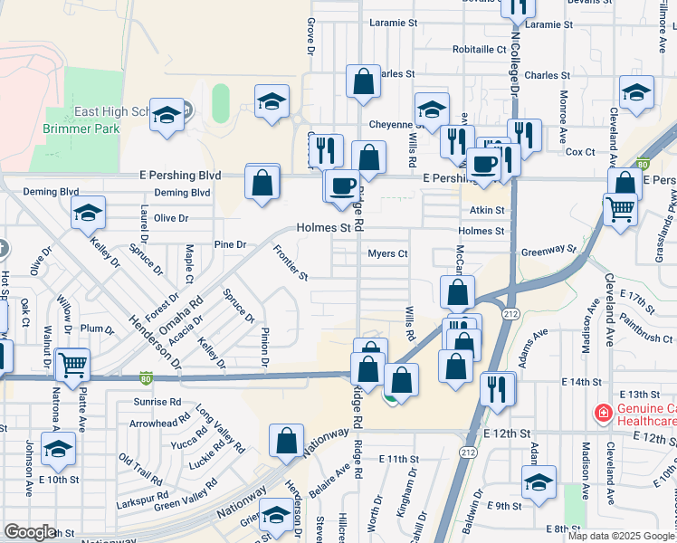 map of restaurants, bars, coffee shops, grocery stores, and more near 3319 Frontier Street in Cheyenne