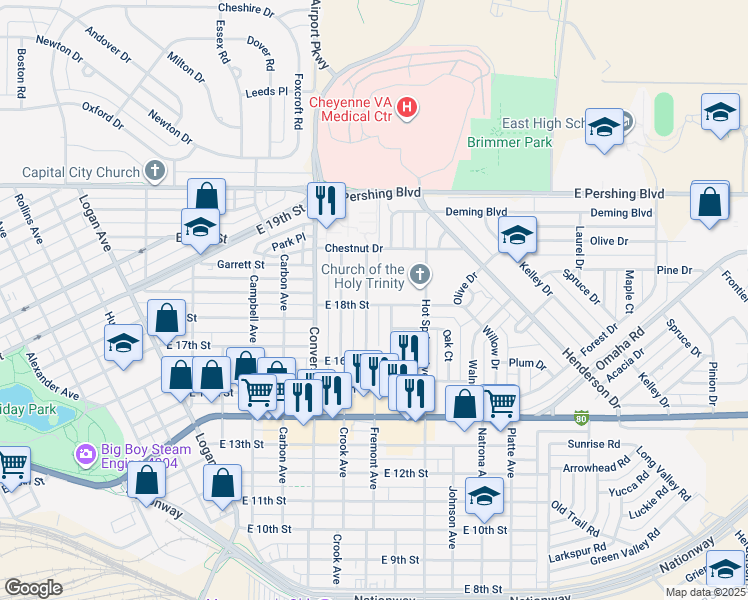 map of restaurants, bars, coffee shops, grocery stores, and more near in Cheyenne
